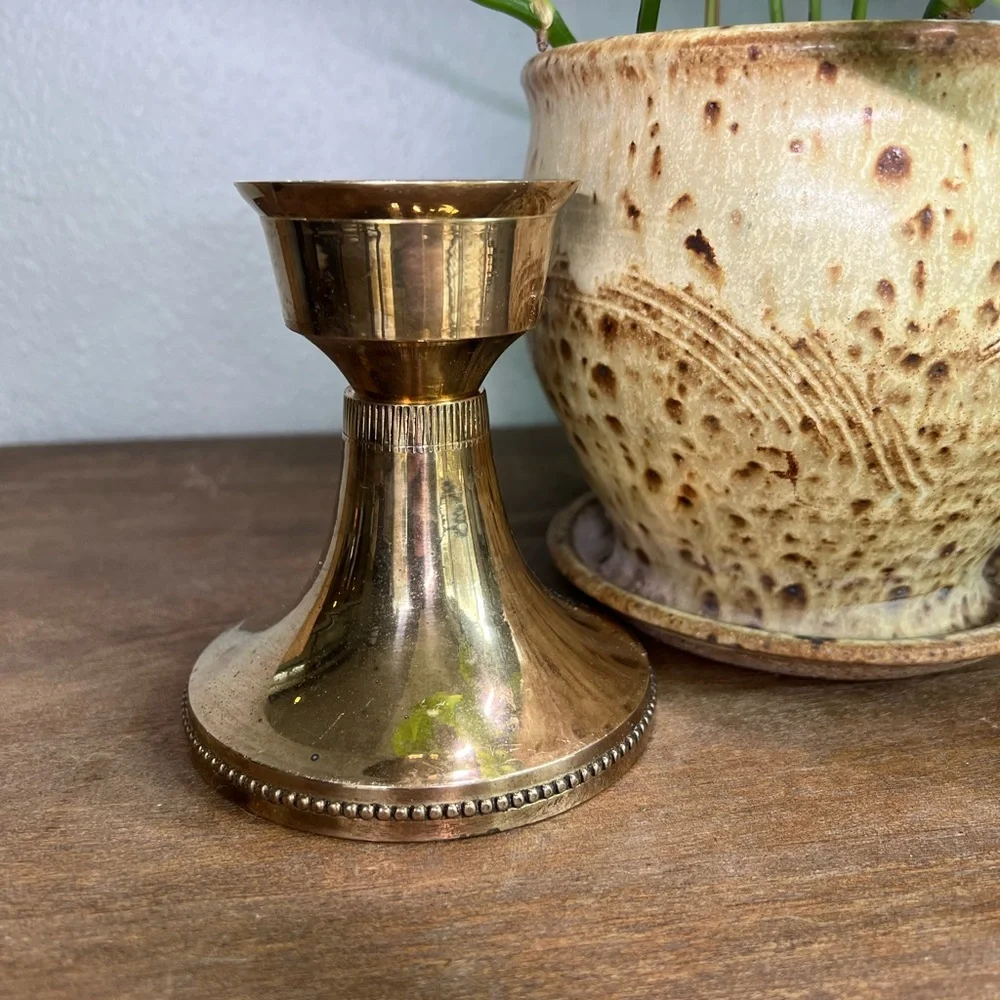 vintage brass beaded candlestick holder solid brass 4.5 inch